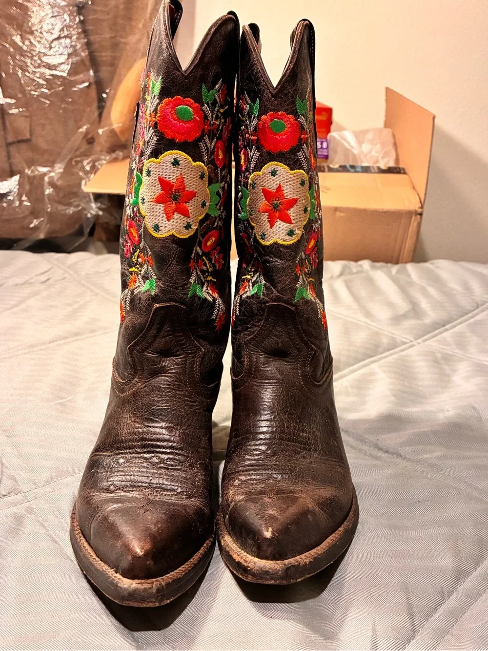 Macie Bean Brown Leather Kids Embroidered Western Boots